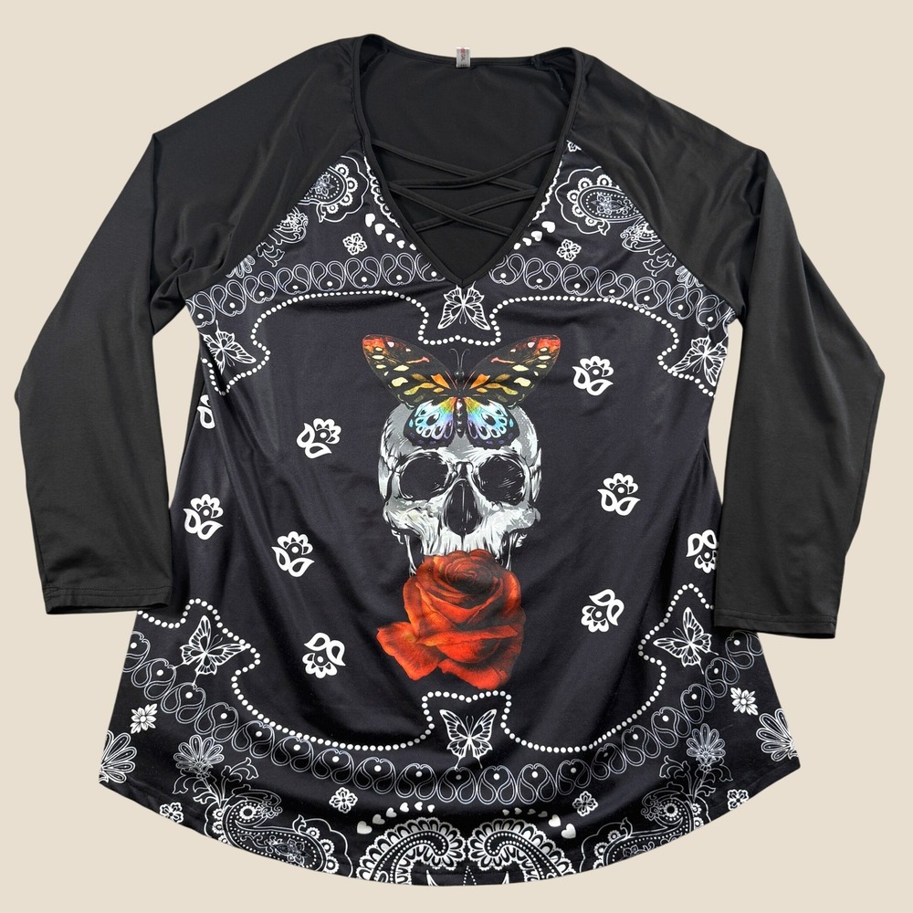 Rosegal Gothic‎ Blouse Women 1X Black Skull Butterfly Rose V-Neck Raglan Tunic